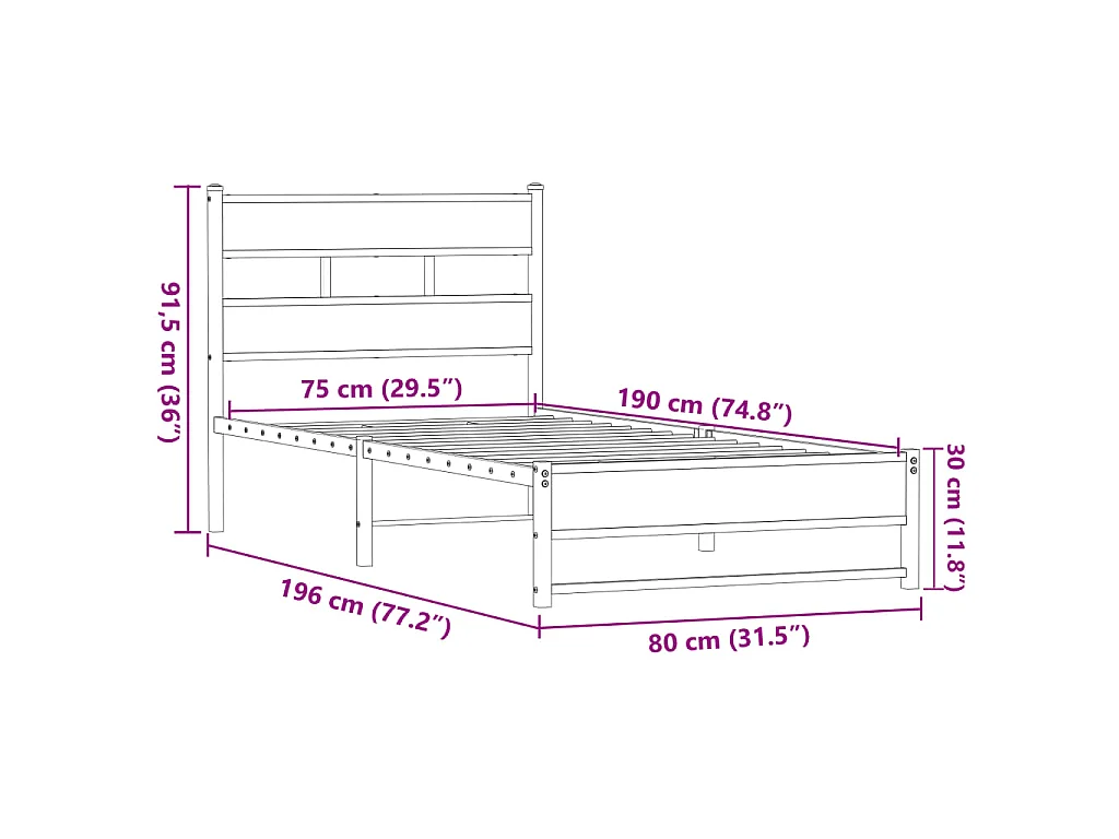 Cadre de lit en métal sans matelas chêne marron 75x190 cm