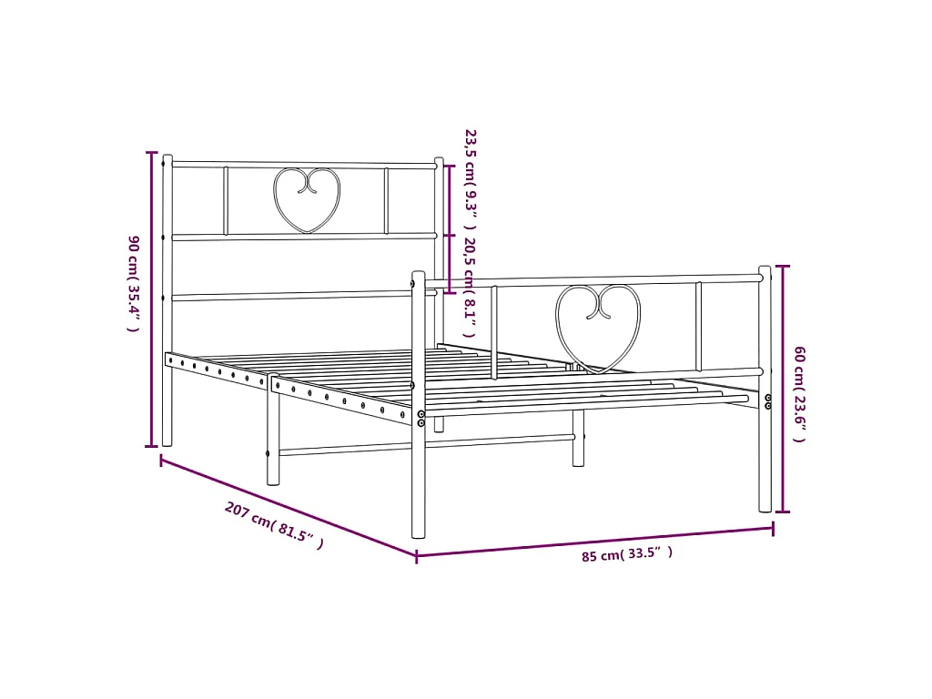Cadre de lit métal sans matelas avec pied de lit noir 80x200 cm