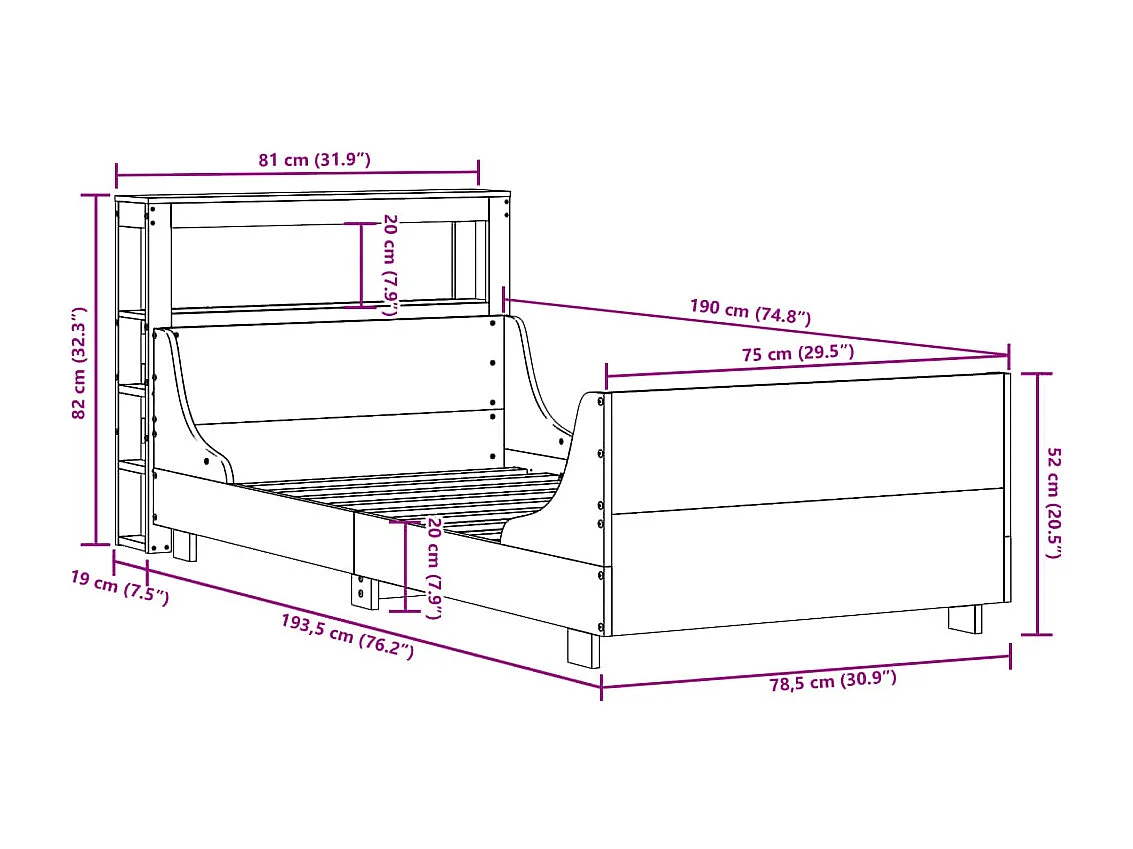 Letto senza Materasso Bianco 75x190 in Legno Massello di Pino