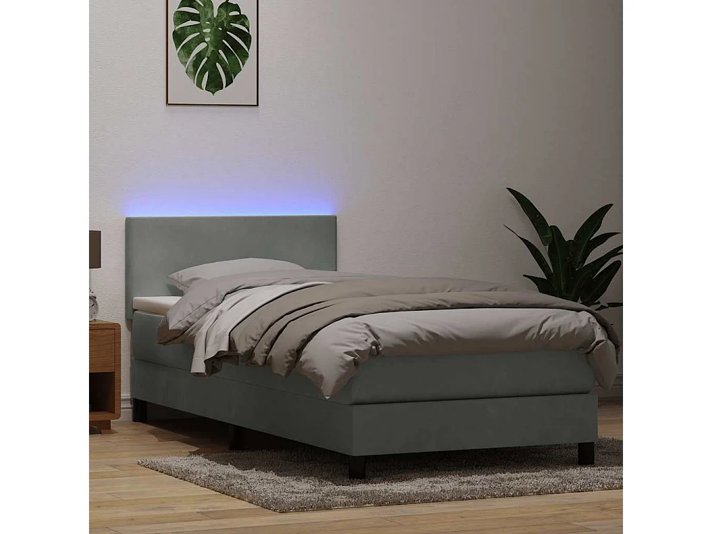 Sommier à lattes de lit et matelas et LED gris clair 80x220 cm velours