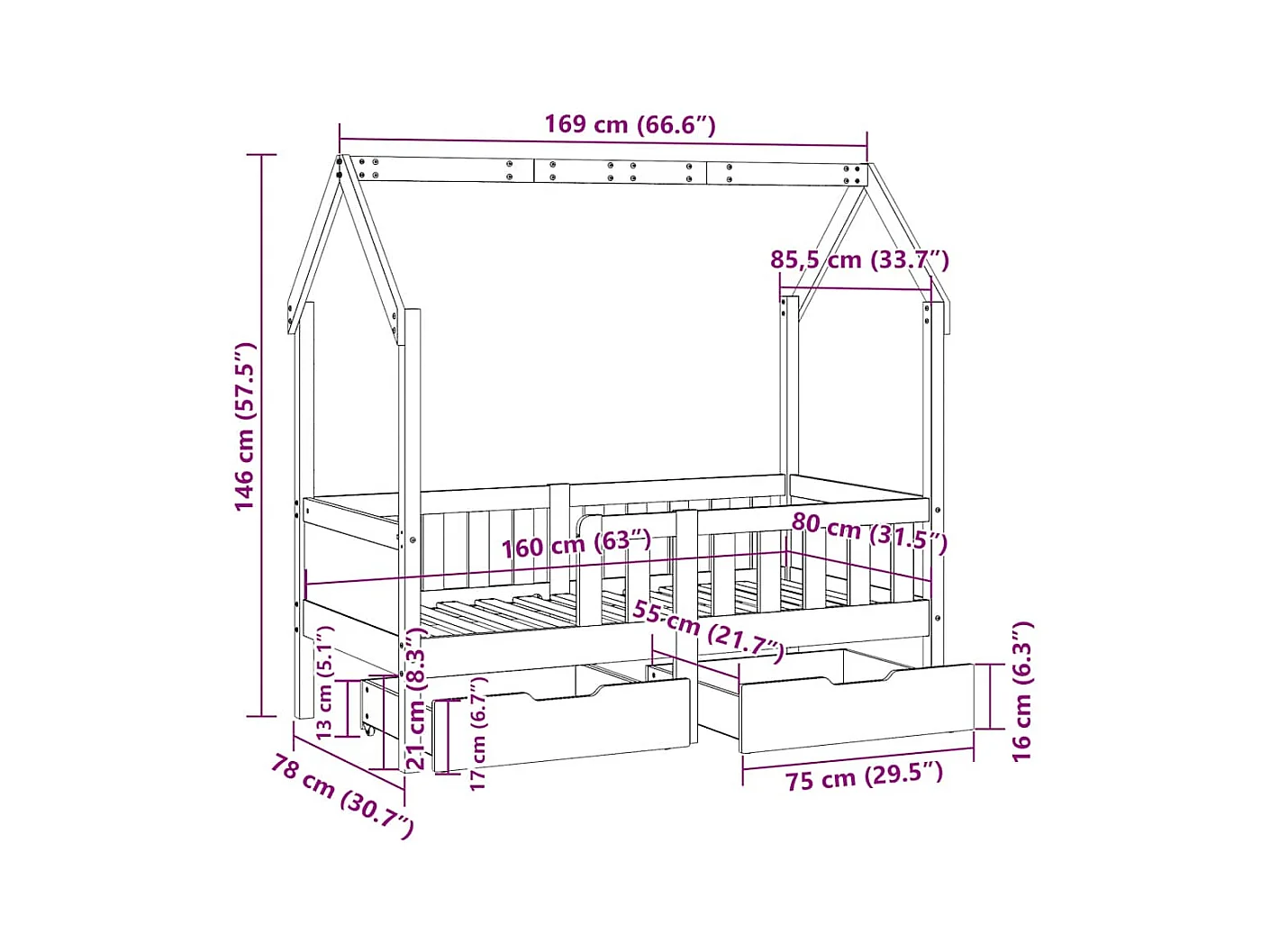 Kinderbett mit Schubladen 80x170 cm Massivholz Kiefer