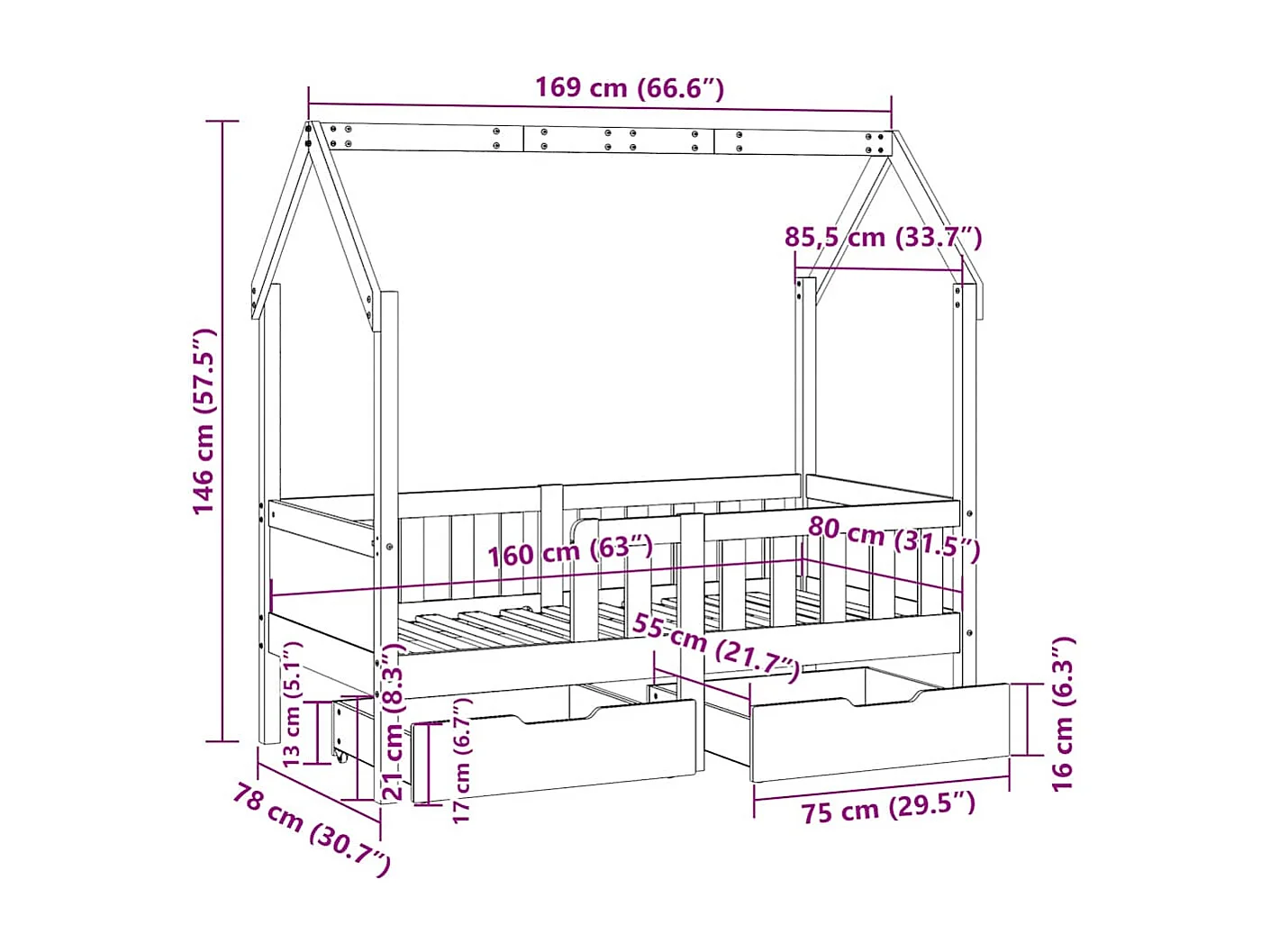 Giroletto per Bambini con Cassetti 80x170cm Legno Massello Pino