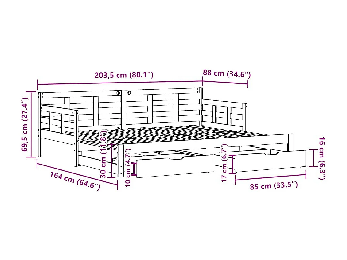 Slaapbank met onderschuifbed/lades zonder matras 80x200 cm wit