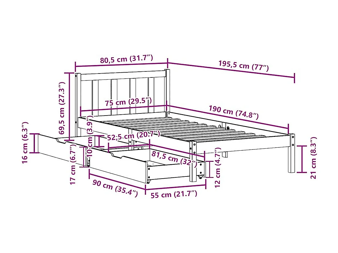 Cadre de lit sans matelas blanc 75x190 cm bois de pin massif