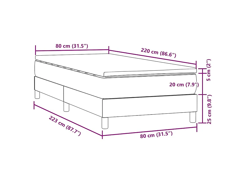 Cama box spring con colchón terciopelo rosa 80x220 cm