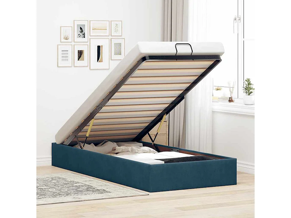 Otomano Bed Frame No Colchão Azul Escuro 80x200 cm Veludo