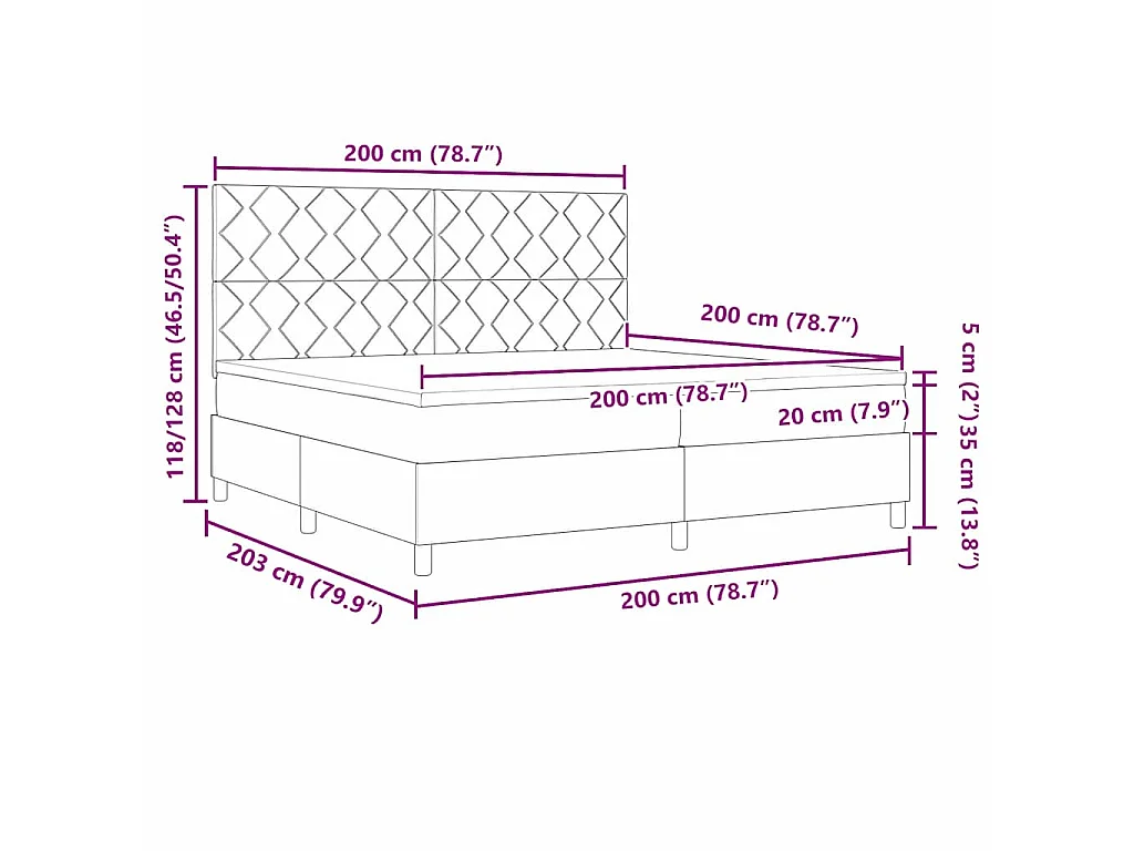 Cama tipo Box Spring con tiras LED Azul 200 x 200 cm tela