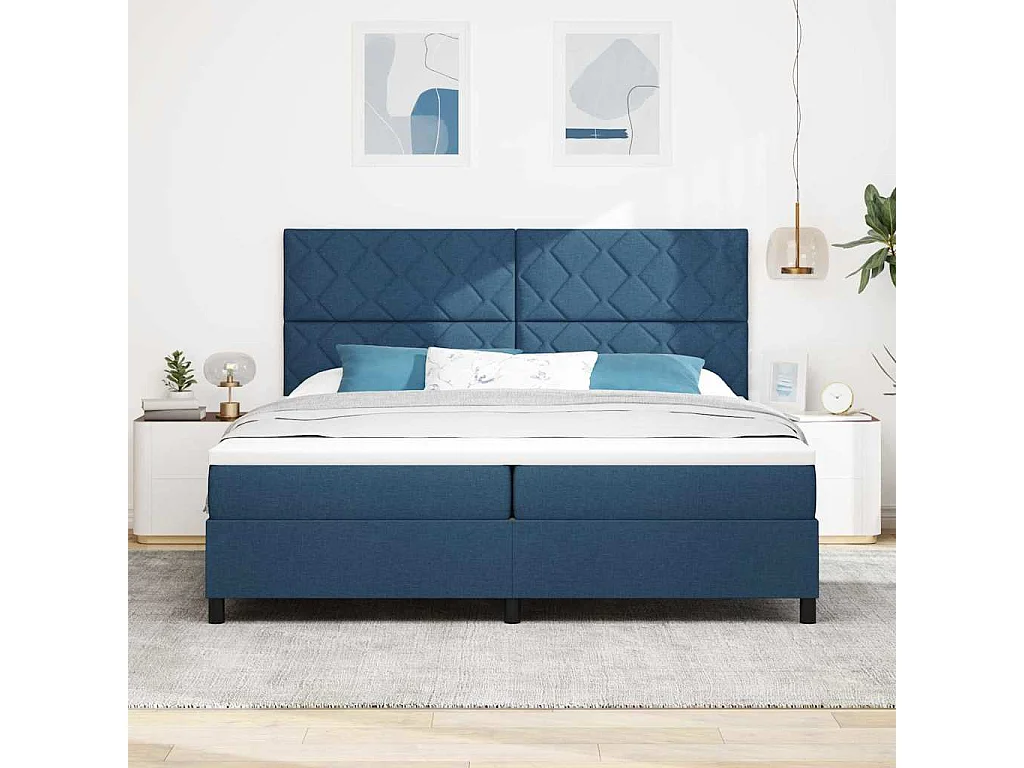Cama tipo Box Spring con tiras LED Azul 200 x 200 cm tela