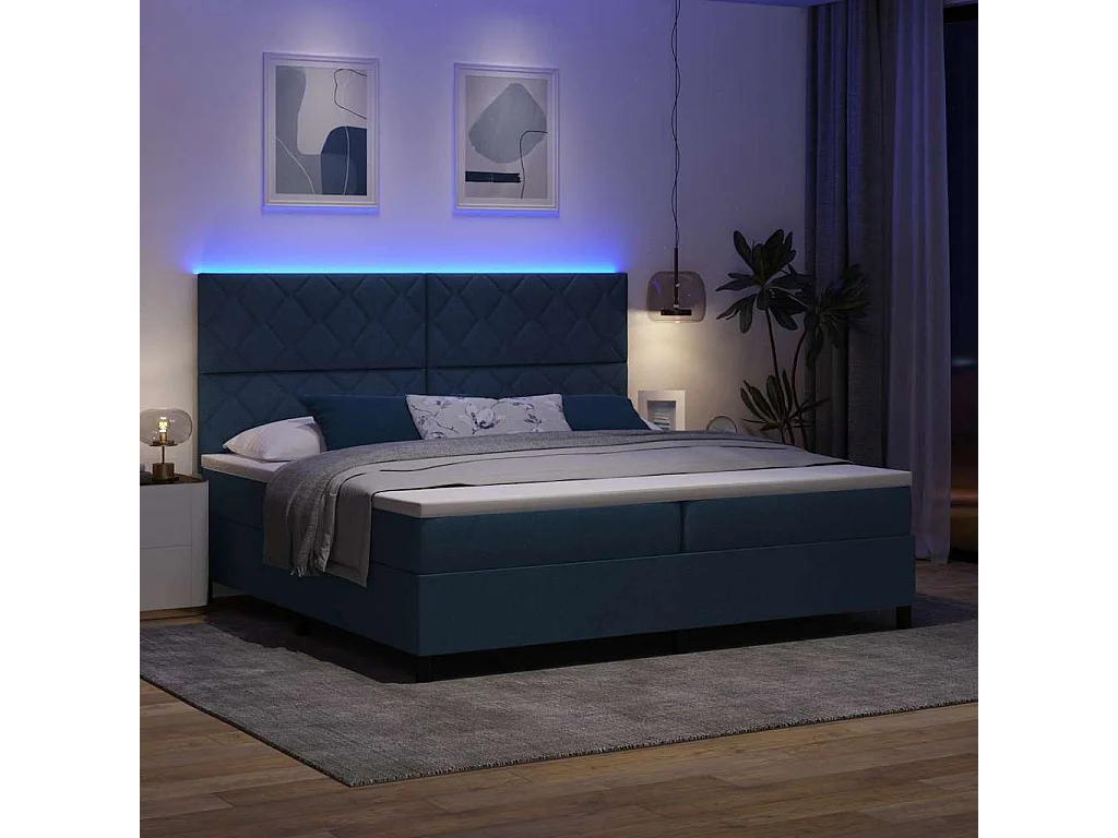 Cama tipo Box Spring con tiras LED Azul 200 x 200 cm tela
