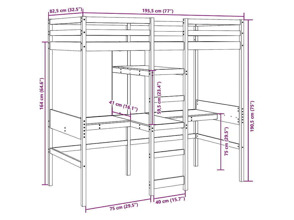 Hochbett ohne Matratze 75x190 cm Massivholz Kiefer