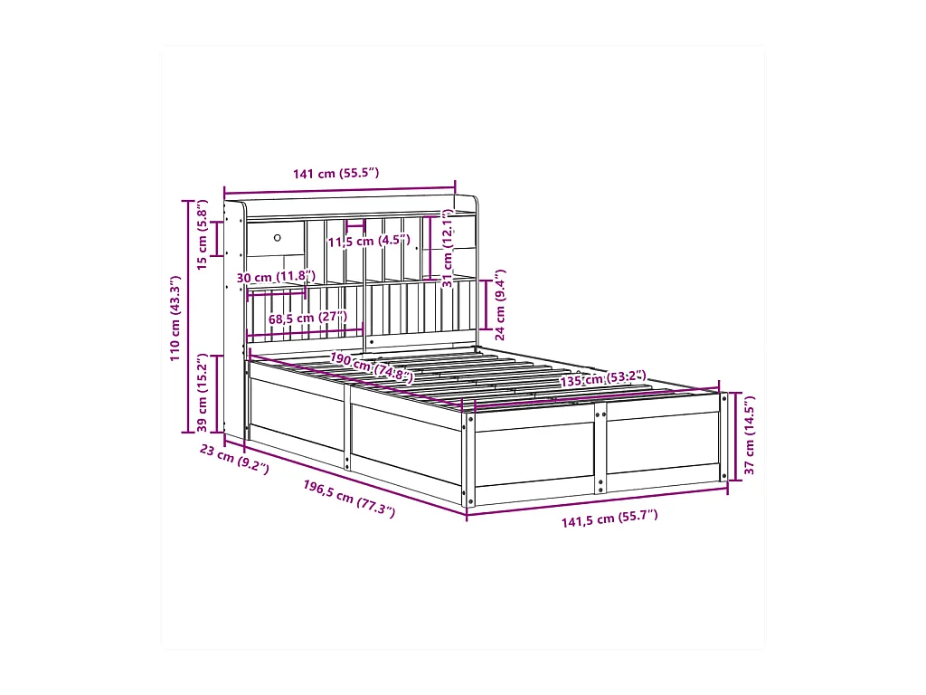 Cadre de lit sans matelas cire marron 135x190cm bois pin massif