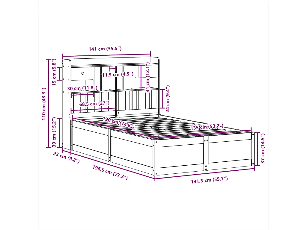 Cama sem colchão 135x190 cm madeira pinho maciça castanho-mel