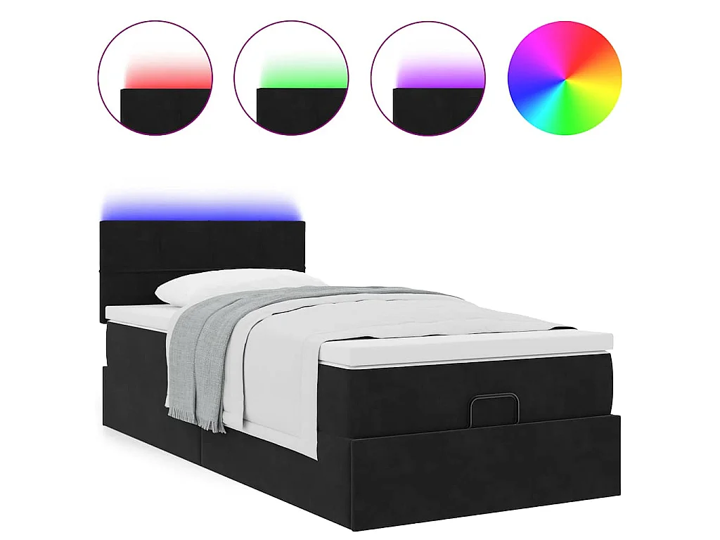 Cama otomana con colchón y luces LED terciopelo negro 80x200cm