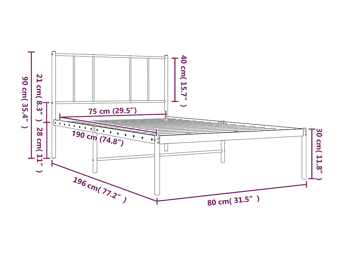 Cadre de lit métal sans matelas avec tête de lit blanc 75x190cm