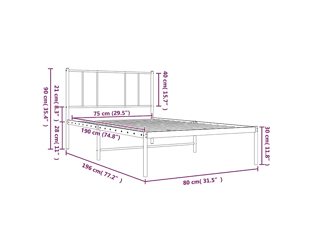 Cadre de lit métal sans matelas avec tête de lit blanc 75x190cm