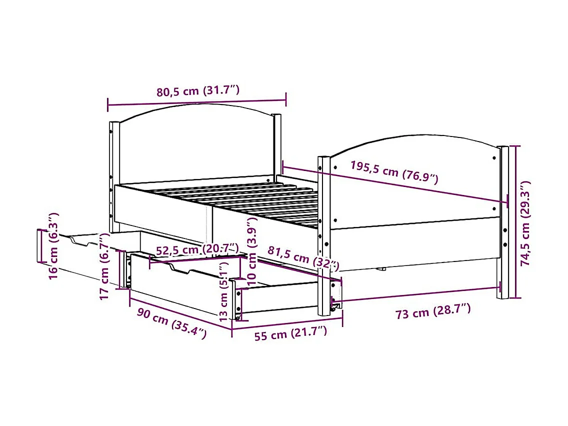 Massivholzbett ohne Matratze 75x190 cm Kiefernholz