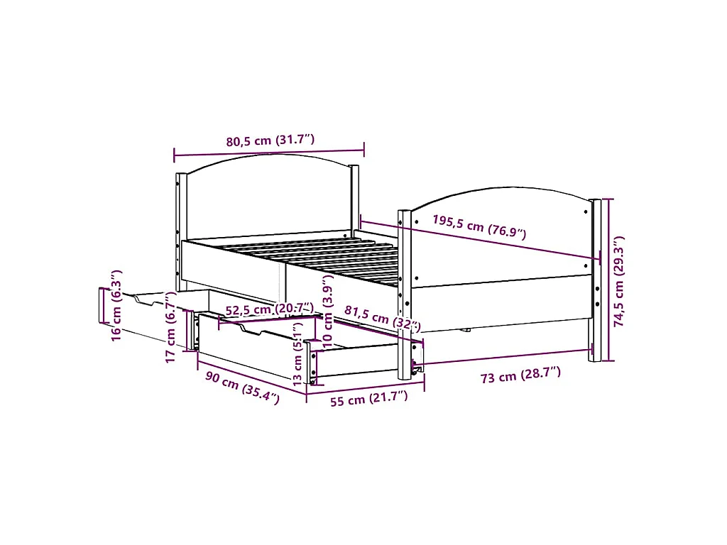 Estructura de cama sin colchón madera maciza pino 75x190 cm