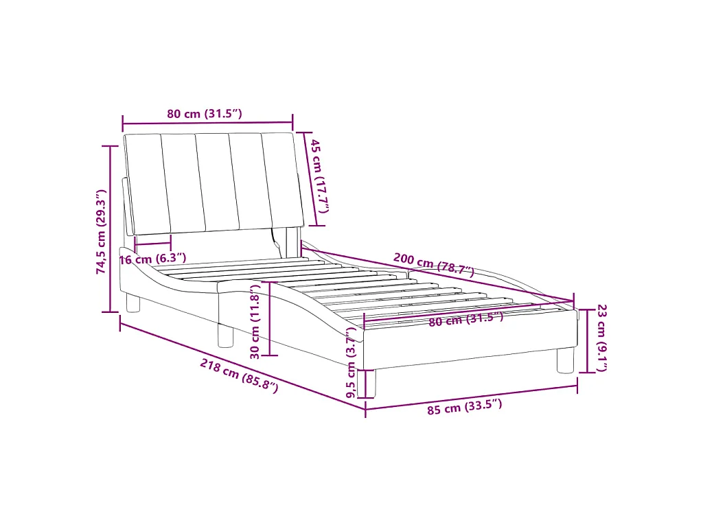 Cadre de lit avec LED sans matelas Hanko gris foncé 80x200 cm velours