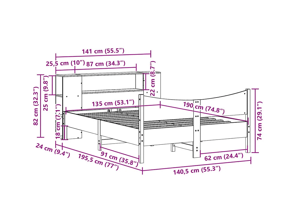 Massivholzbett ohne Matratze 135x190 cm Kiefernholz