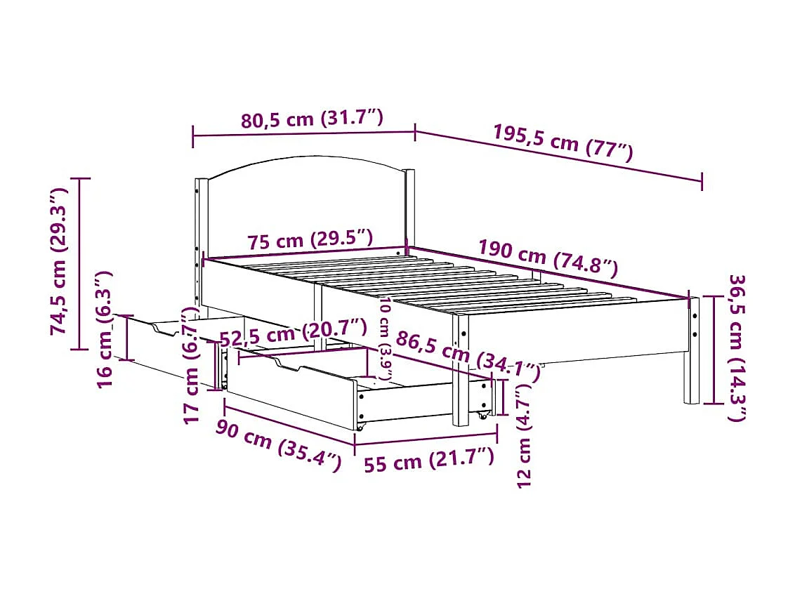 Bedframe zonder matras massief grenenhout 75x190 cm