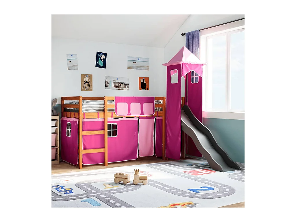 Lit mezzanine enfants avec tour rose 80x200cm bois pin massif