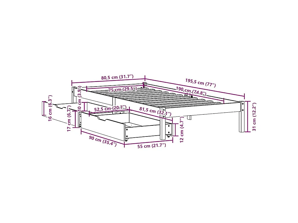 Estructura de cama sin colchón madera maciza pino 75x190 cm