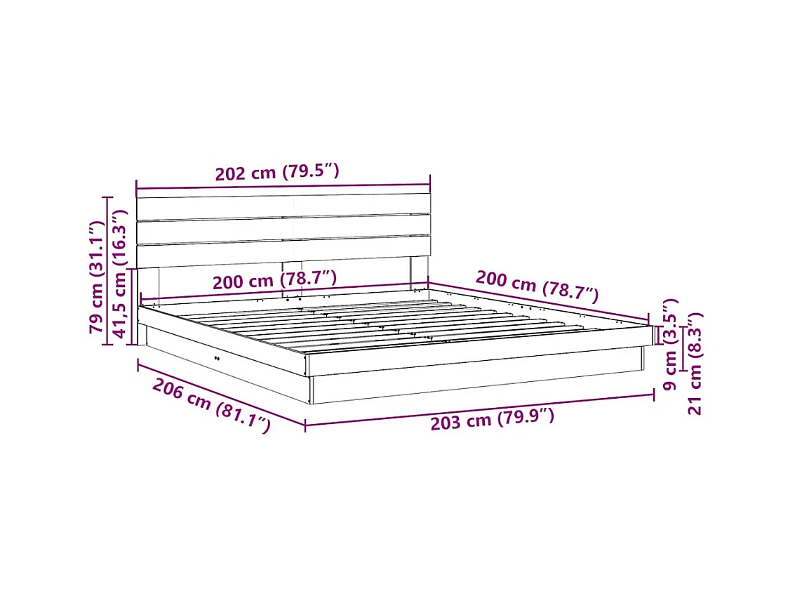 Estrutura cama cabeceira sem colchão 200x200 cm maciça carvalho