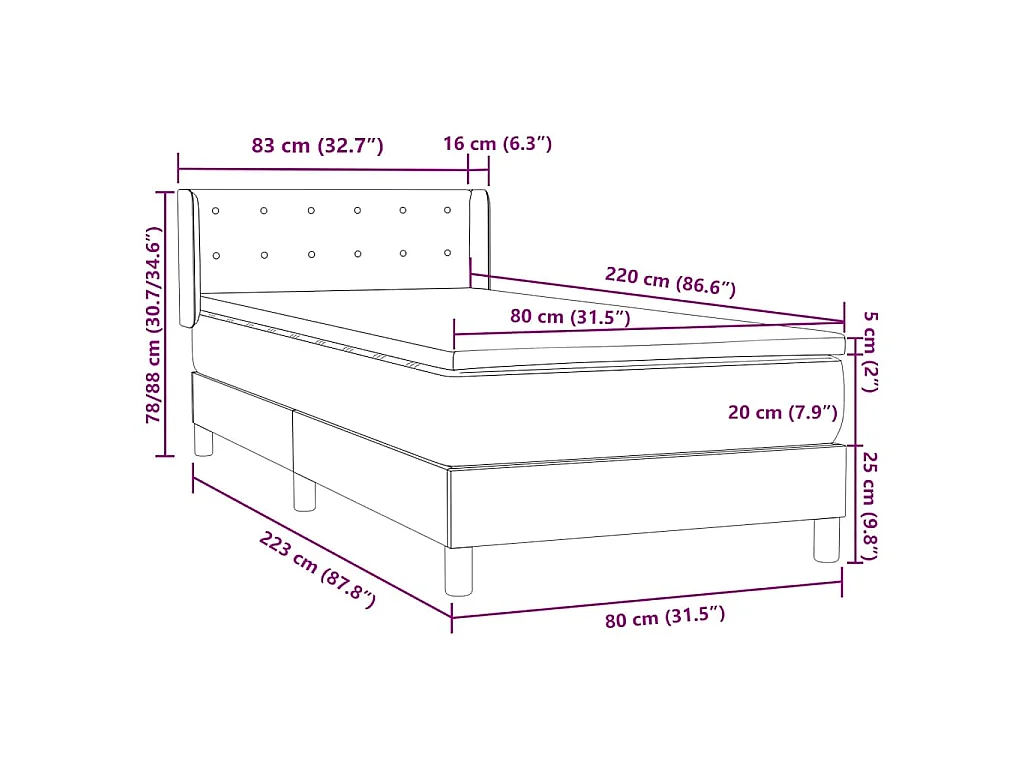 Sommier à lattes de lit et matelas gris foncé 80x220 cm velours