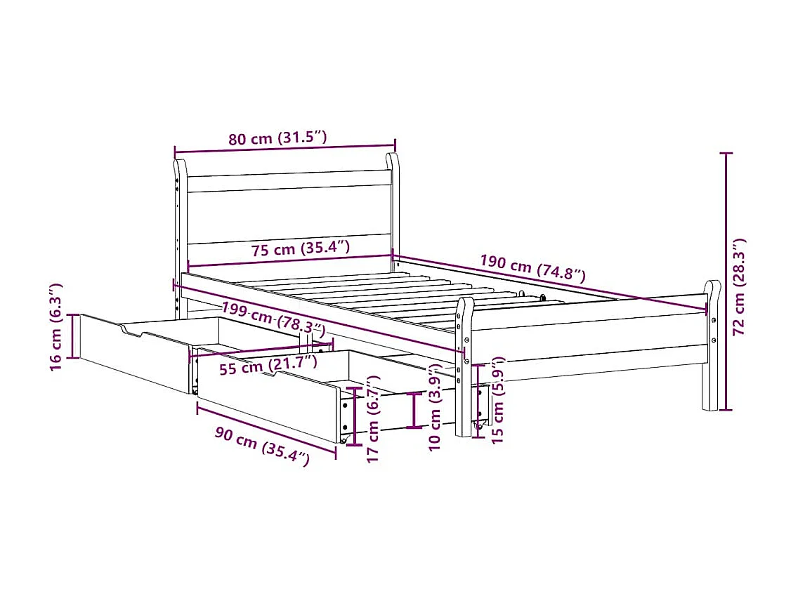 Bedframe zonder matras massief grenenhout wasbruin 75x190 cm