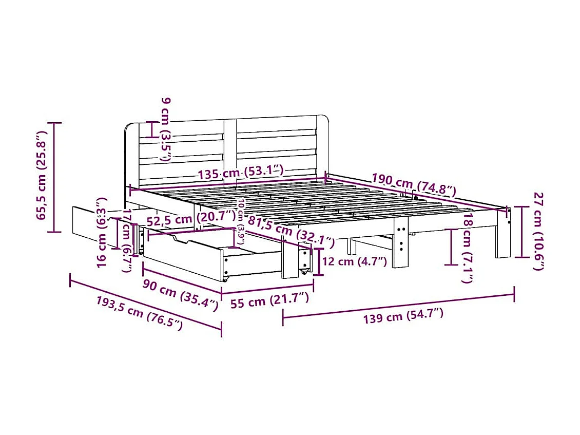 Letto senza Materasso Bianco 135x190 cm Legno Massello di Pino