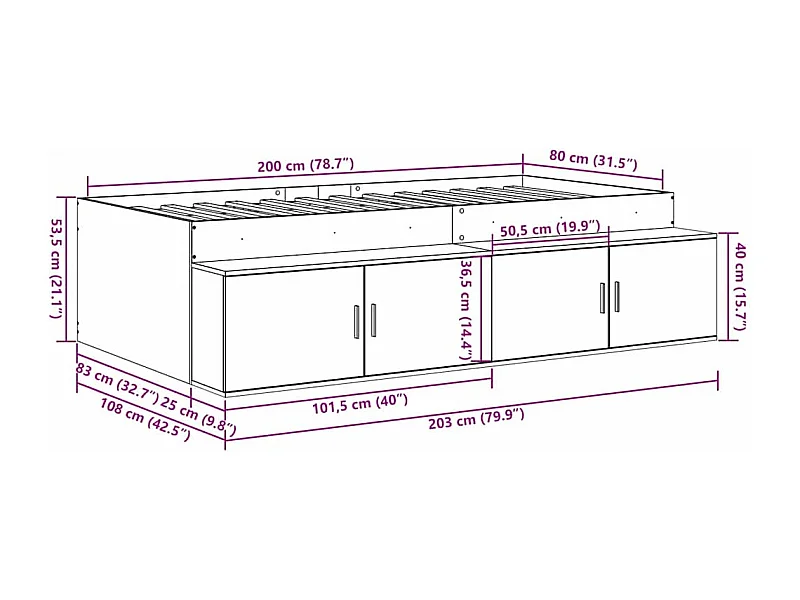 Opbergbedframe met opslag Sonoma eiken 80 x 200 cm Bewerkt hout