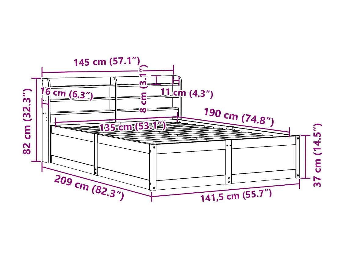 Bedframe met hoofdbord massief grenenhout wasbruin 135x190 cm