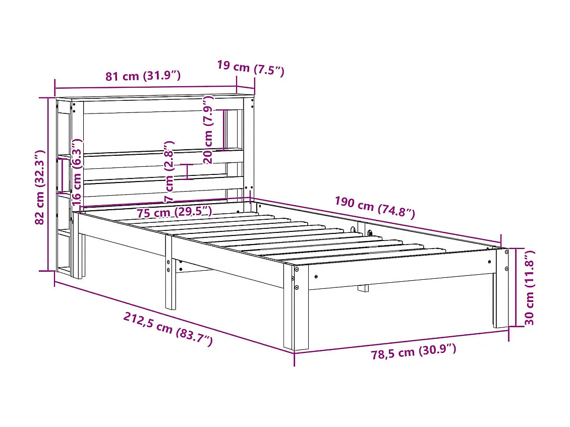 Estructura de cama con cabecero madera maciza pino 75x190 cm