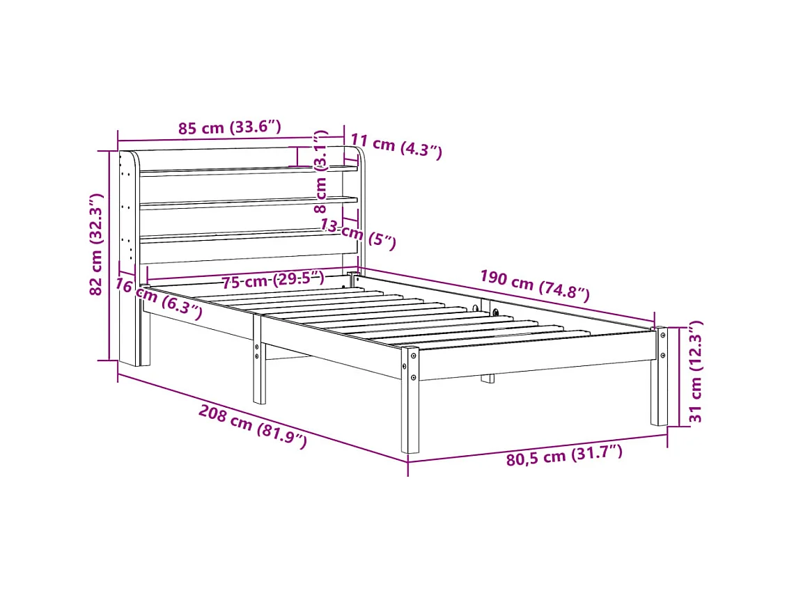 Cadre de lit avec tête de lit sans matelas cire marron 75x190cm