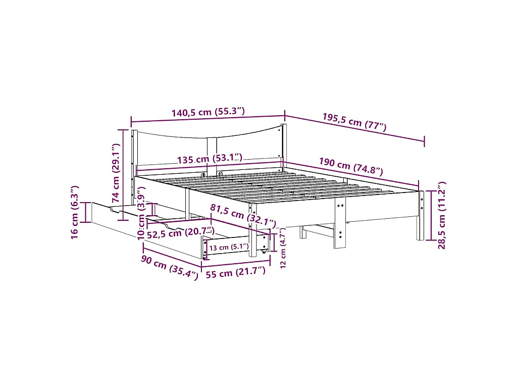 Estrutura de cama c/ gavetas 135x190 cm madeira de pinho maciça