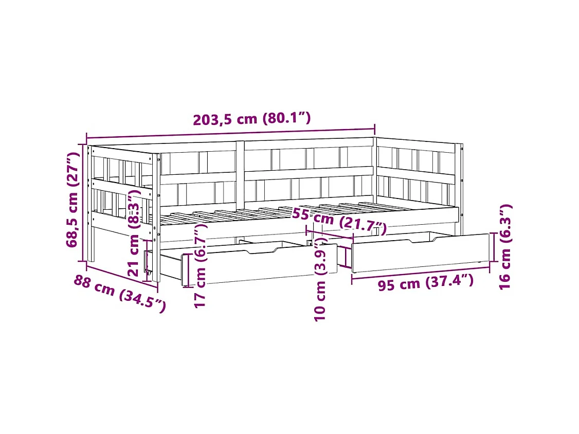 Dormeuse con Cassetti 80x200 cm in Legno Massello di Pino
