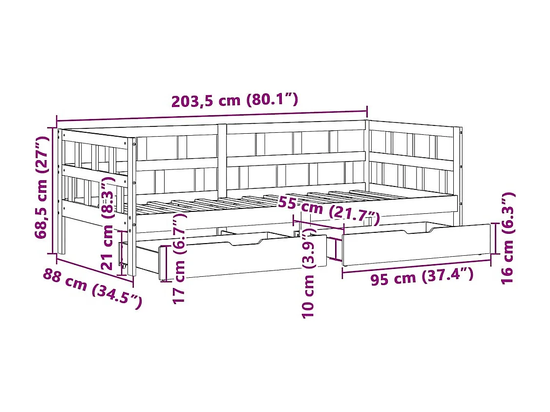 Tagesbett mit Schubladen 80x200 cm Massivholz Kiefer