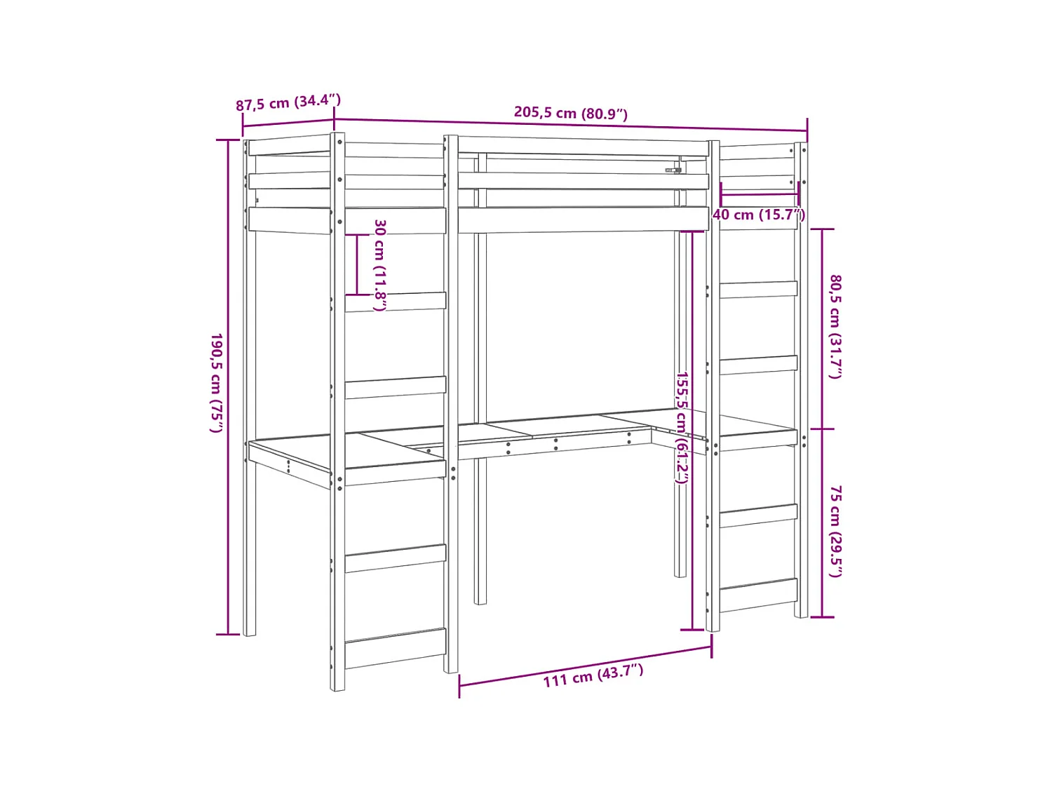 Cadre de lit superposé sans matelas 80x200cm bois de pin massif
