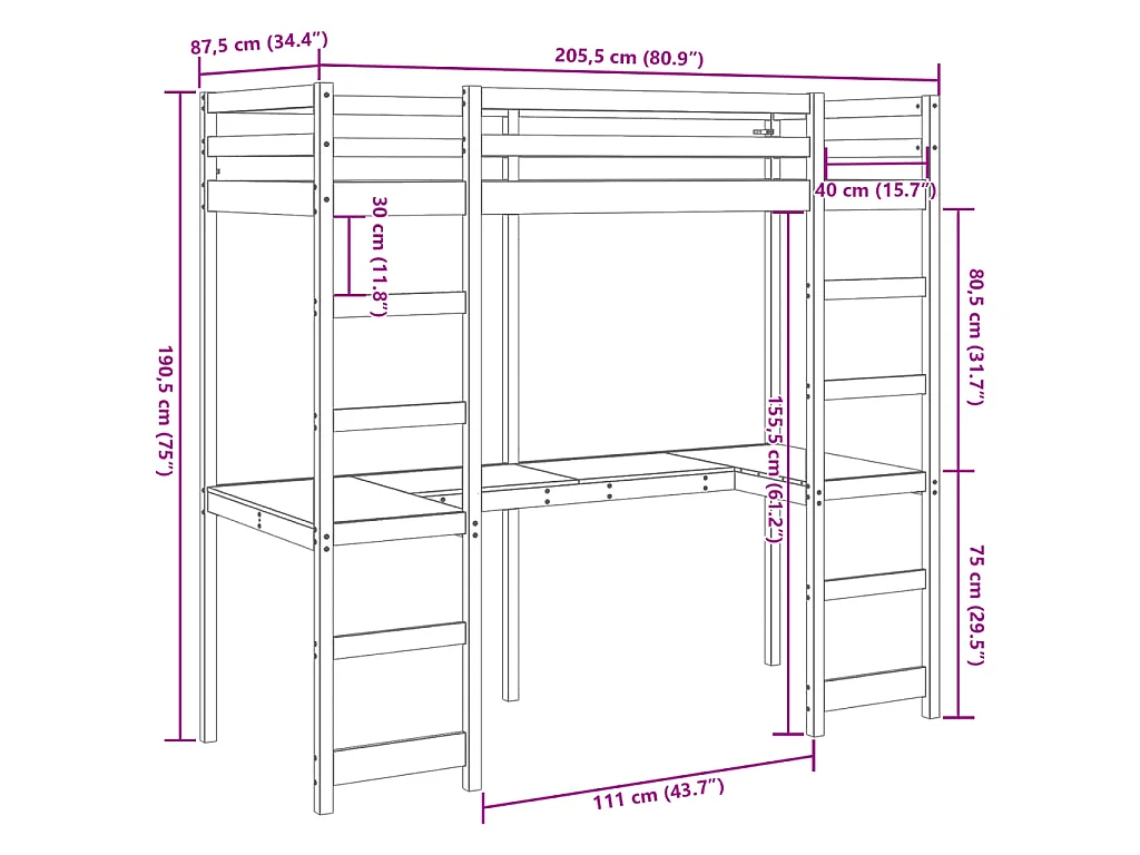 Hochbett ohne Matratze Wachsbraun 80x200 cm Massivholz Kiefer