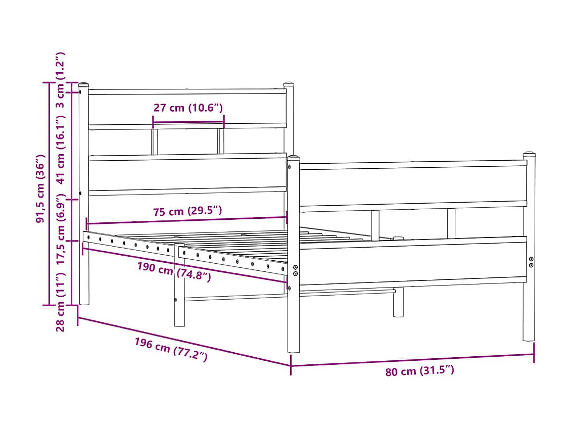Cadre de lit sans matelas avec tête de lit pied de lit 75x190cm