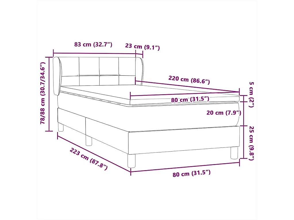 Cama box spring con colchón terciopelo gris claro 80x220 cm