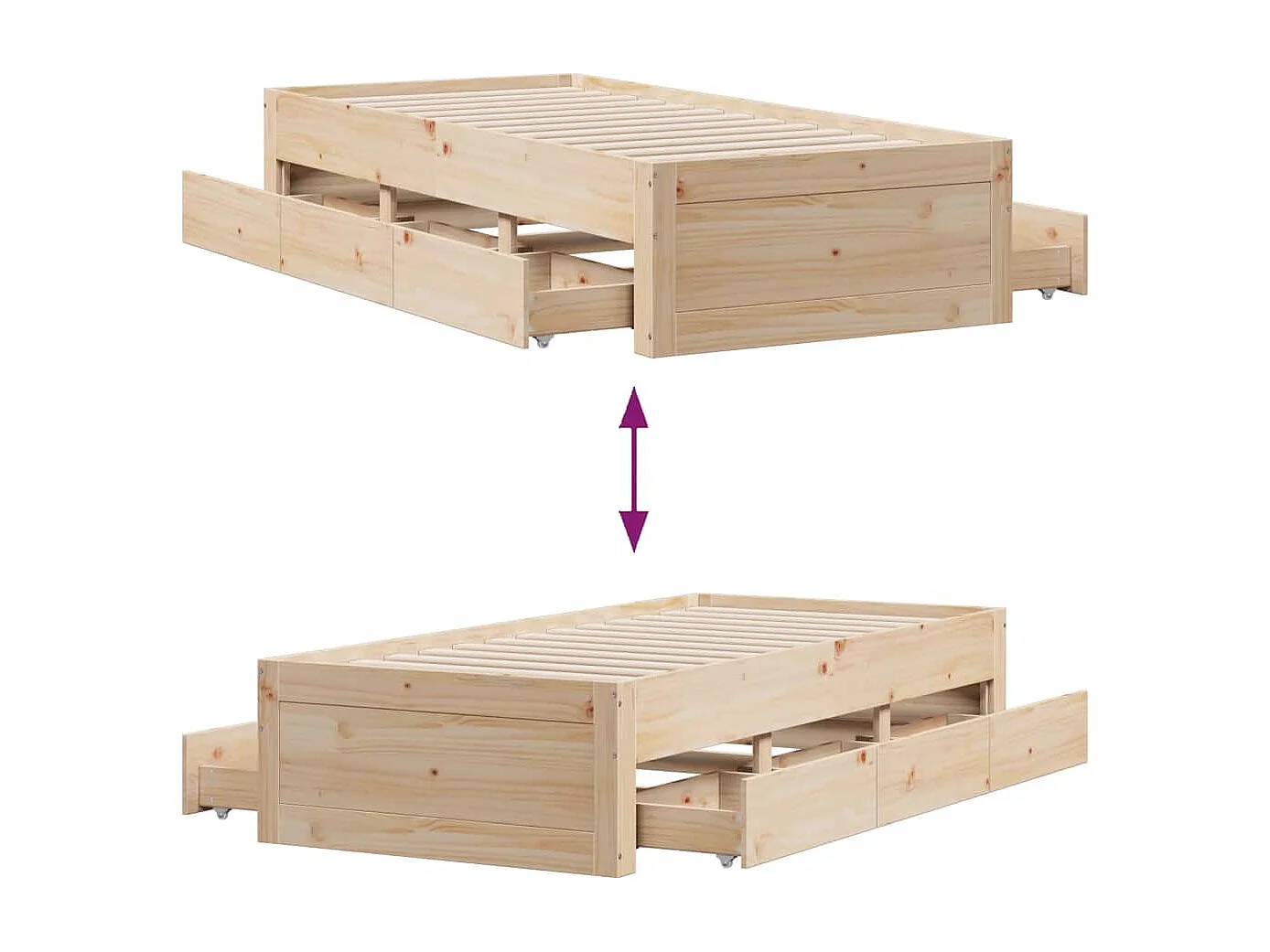 Cama sin colchón con cajones madera maciza de pino 75x190 cm