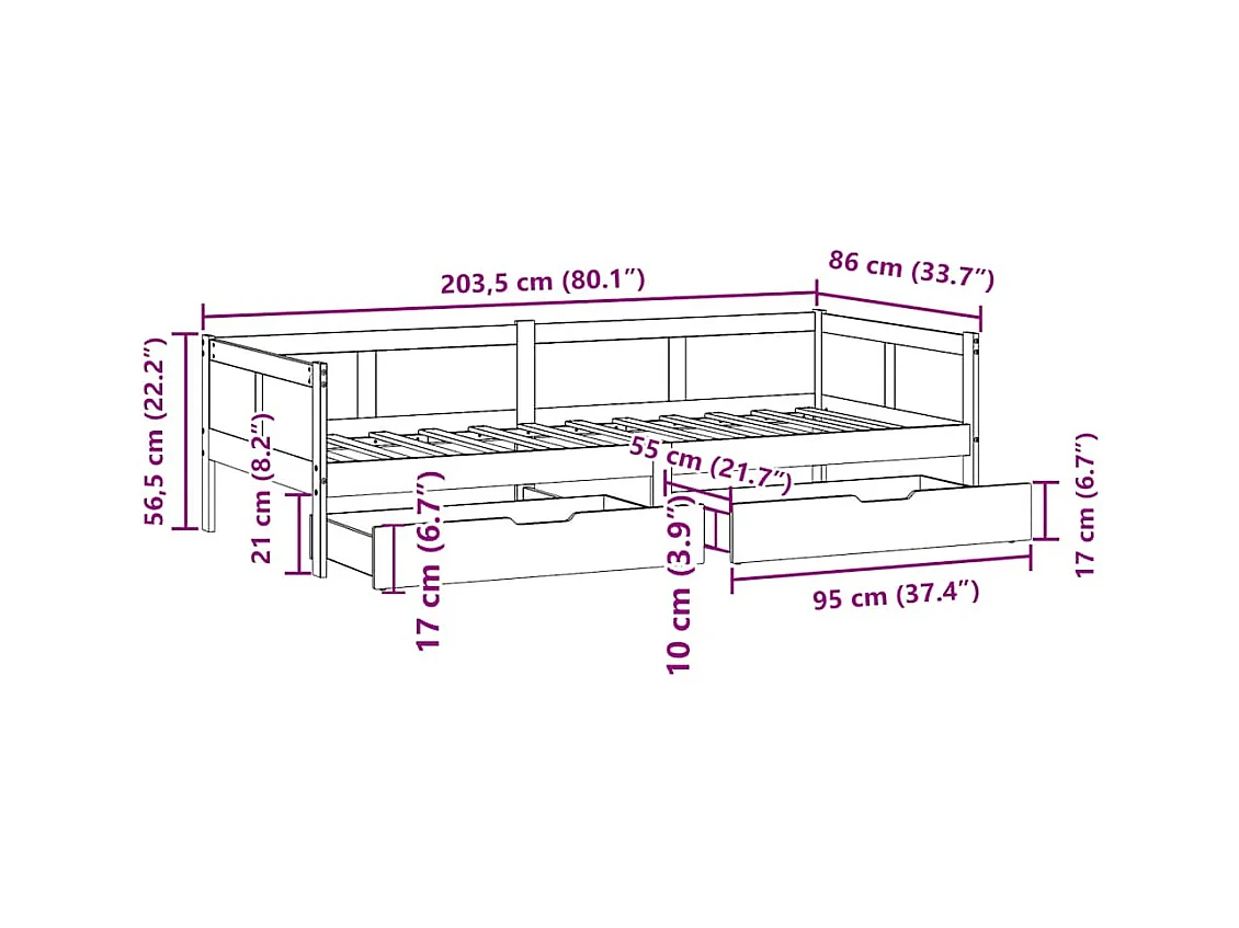 Dormeuse con Cassetti 80x200 cm in Legno Massello di Pino
