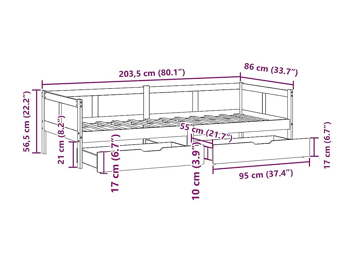 Lit de jour avec tiroirs sans matelas 80x200 cm bois massif