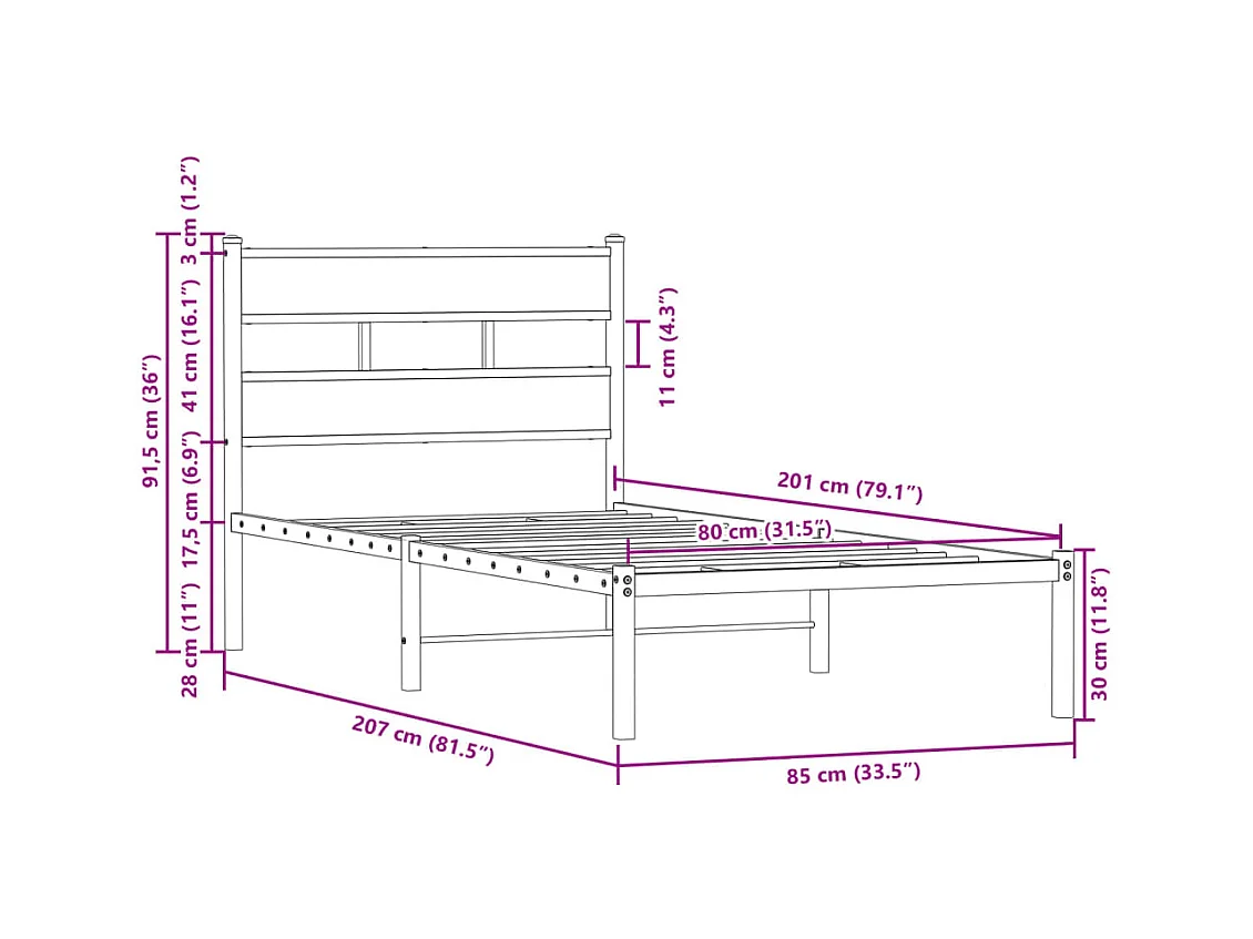 Bettgestell ohne Matratze mit Kopfteil Braun Eiche 80x200 cm