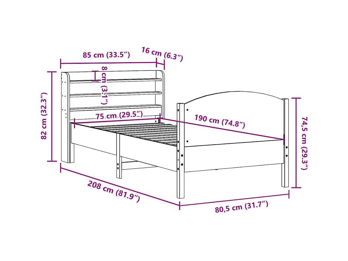 Cadre de lit sans matelas 75x190 cm bois de pin massif