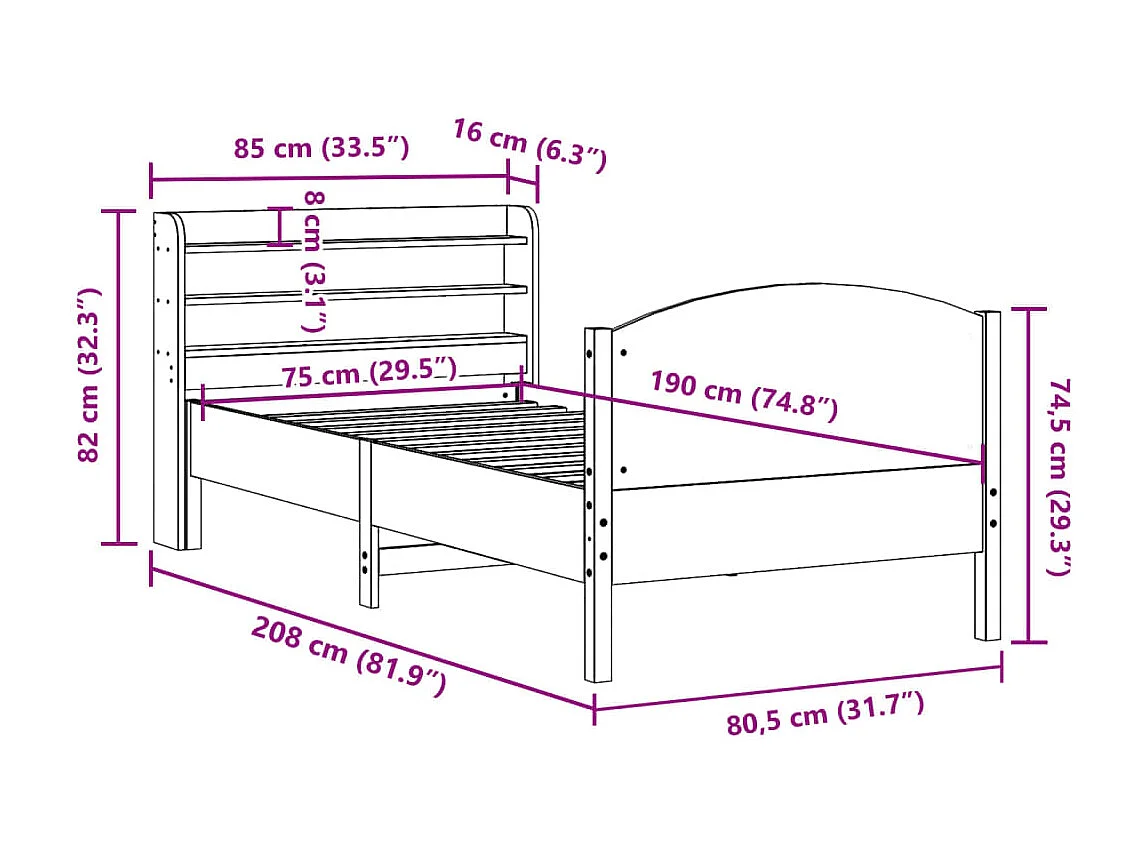 Bedframe zonder matras massief grenenhout 75x190 cm
