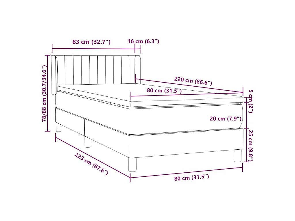 Sommier à lattes de lit et matelas gris foncé 80x220 cm velours