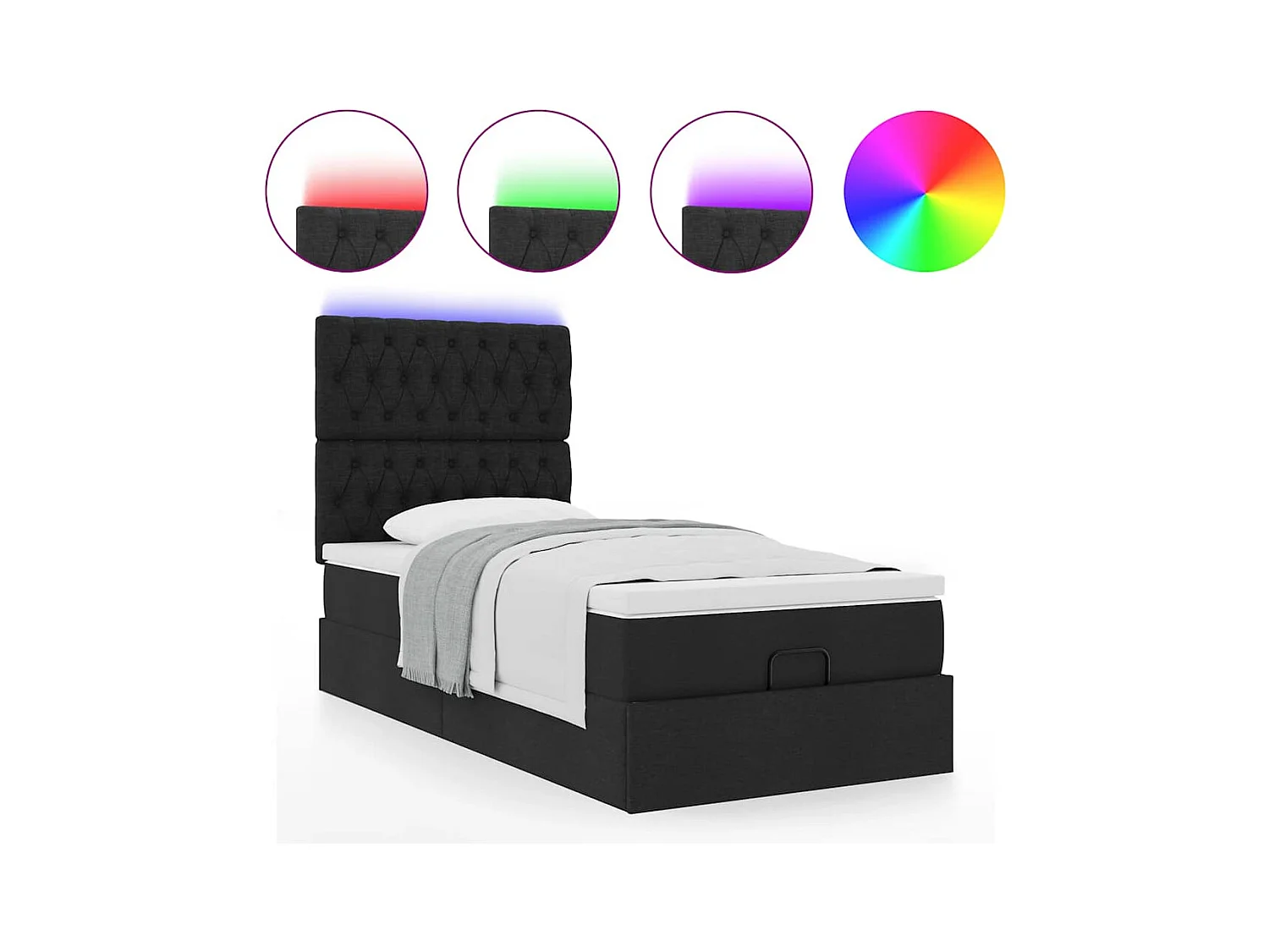 Lit ottoman avec matelas et LED noir 80x200cm tissu