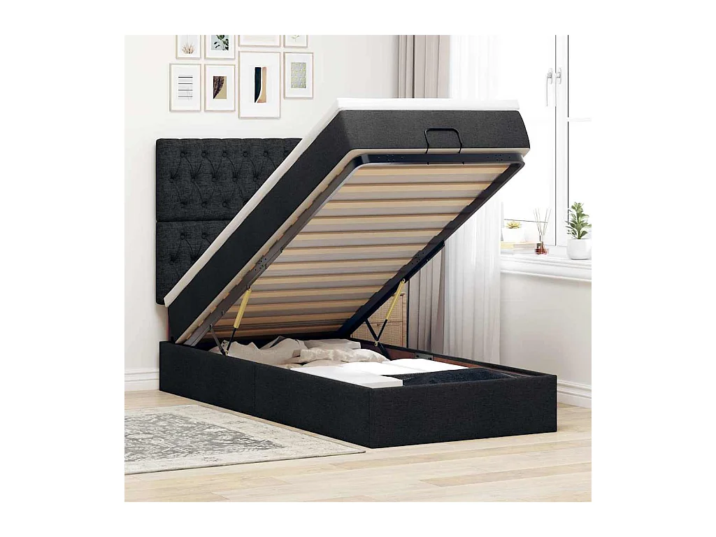 Pouf Letto con Materasso e LED Nero 80x200cm in Tessuto